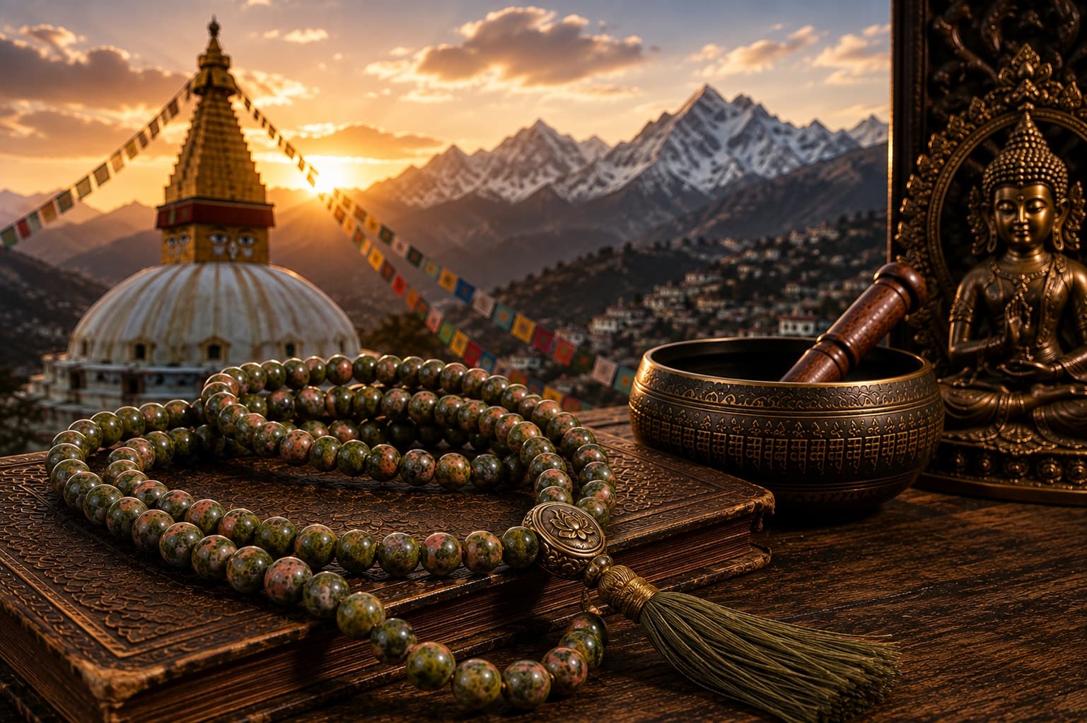 Buddhist mala with Himalayan and Buddhist surroundings